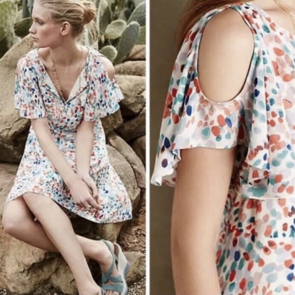 Maeve Colorful Cold Shoulder Dot Pattern Lightweight Flowy Dress Size Small - Picture 7 of 12